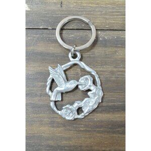 Vintage Pewter Humingbird Key Ring Avian Bag Charm Silver Tone Floral